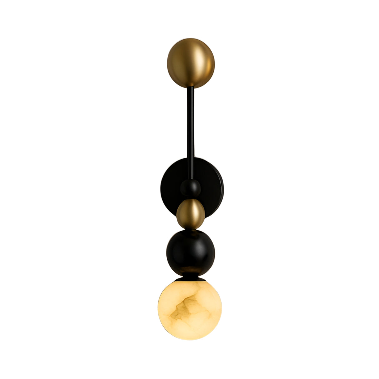 The Zeal 1 Light Vertical Orb Alabaster Wall Light features soft white, black, and brass spheres in a modern vertical design, with the bottom orb casting a warm glow.
