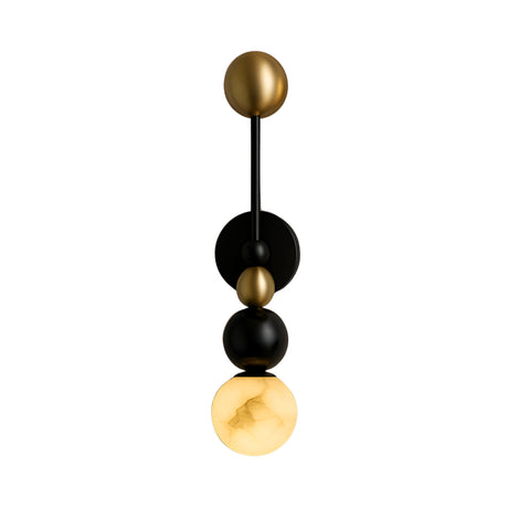 The Caldris 1 Light Vertical Orb Alabaster Wall Light features a soft white, black, and brass metal structure with spherical accents and a round alabaster bulb at the base.