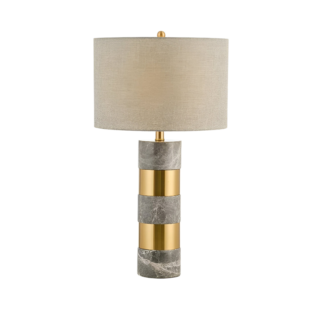 The Arvella 1 Light Striped Marble Table Lamp - Grey & Gold features a modern cylindrical base with alternating gray marble and gold metal stripes, topped with a beige fabric drum shade.