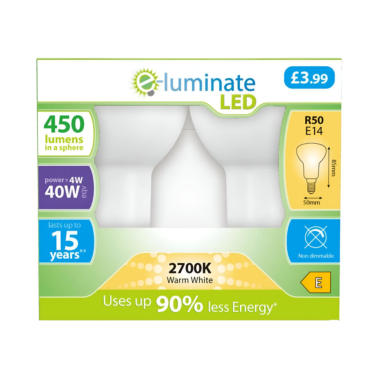 Packaging for E-Luminate 4W Non-Dimmable R50 LED bulb - delivers 450 lumens with a warm white glow at 2700K, equivalent to a 40W traditional bulb. Designed with an E14 base, this energy-efficient option boasts a remarkable 90% in savings and has an impressive lifespan of up to 15 years. Packaged as a set of two for Â£3.99.