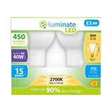 Packaging for E-Luminate 4W Non-Dimmable R50 LED bulb - delivers 450 lumens with a warm white glow at 2700K, equivalent to a 40W traditional bulb. Designed with an E14 base, this energy-efficient option boasts a remarkable 90% in savings and has an impressive lifespan of up to 15 years. Packaged as a set of two for Â£3.99.