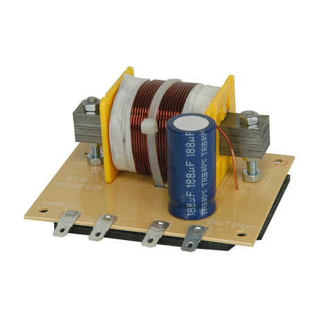 QTX passive subwoofer filter board by AVSL with copper coil inductor, blue 188µF capacitor and solder input/output terminals on a tan PCB.