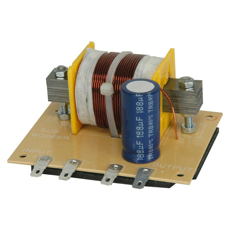 The QTX Subwoofer Filter, 12db, 120hz, 4 Ohms - 400W features a crossover circuit board with a large copper coil, a blue cylindrical capacitor, and several metal connectors to expertly manage the crossover frequency. It is labeled with input, output, and subwoofer filters to enhance loudspeaker systems.