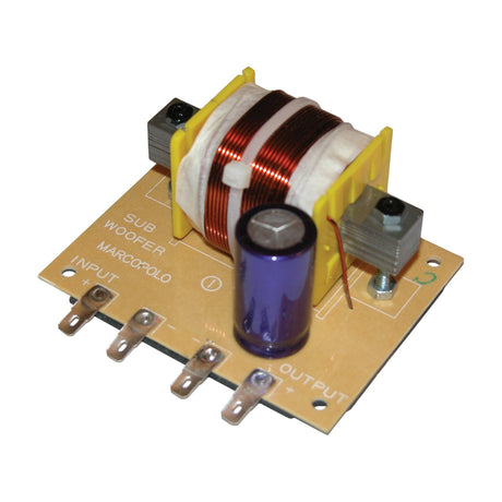 QTX passive subwoofer filter PCB with copper coil inductor, blue capacitor and solder terminals labelled input and output, on a plain white background.