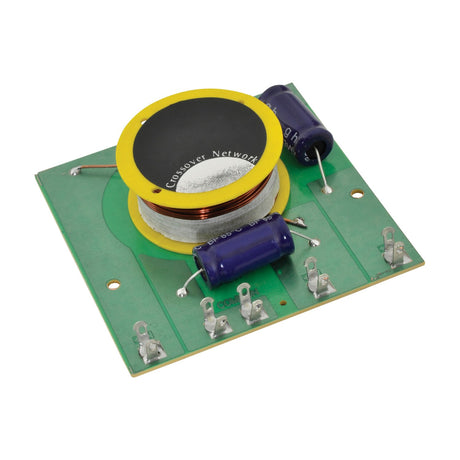 QTX 2-way 250W 8 Ohm speaker crossover board by AVSL with yellow-rimmed inductor coil and two blue capacitors on a green PCB with terminal tabs.