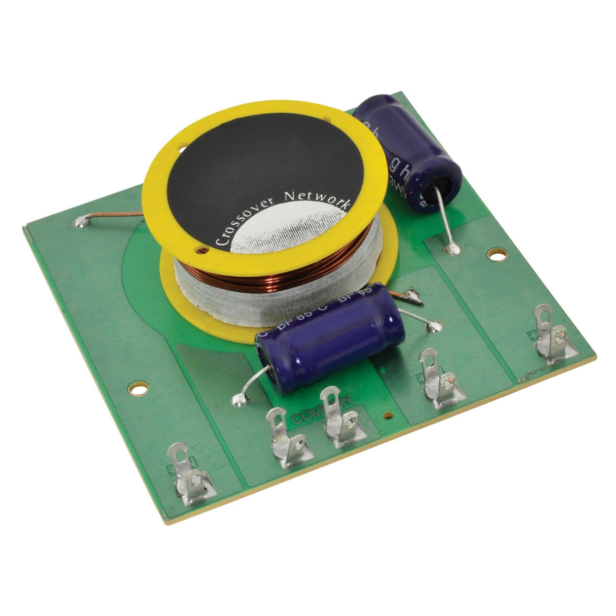 A green circuit board labeled QTX 2-Way Crossover 12db, 8 Ohm - 250W, 2.5kHz displays a substantial yellow-encased coil with two blue capacitors. Engineered for efficient sound reproduction, this crossover includes various strategically placed metal connectors to ensure optimal frequency separation.