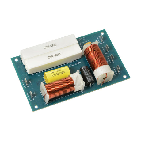 QTX X8R3KH 2-way 200W 8 Ohm speaker crossover board with copper inductors, white ceramic resistors, yellow and black capacitors on a green PCB.