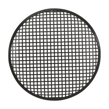 QTX 30 cm 12" round metal speaker grille by AVSL in matt black powder coated steel with square mesh pattern and rubber surround edging.