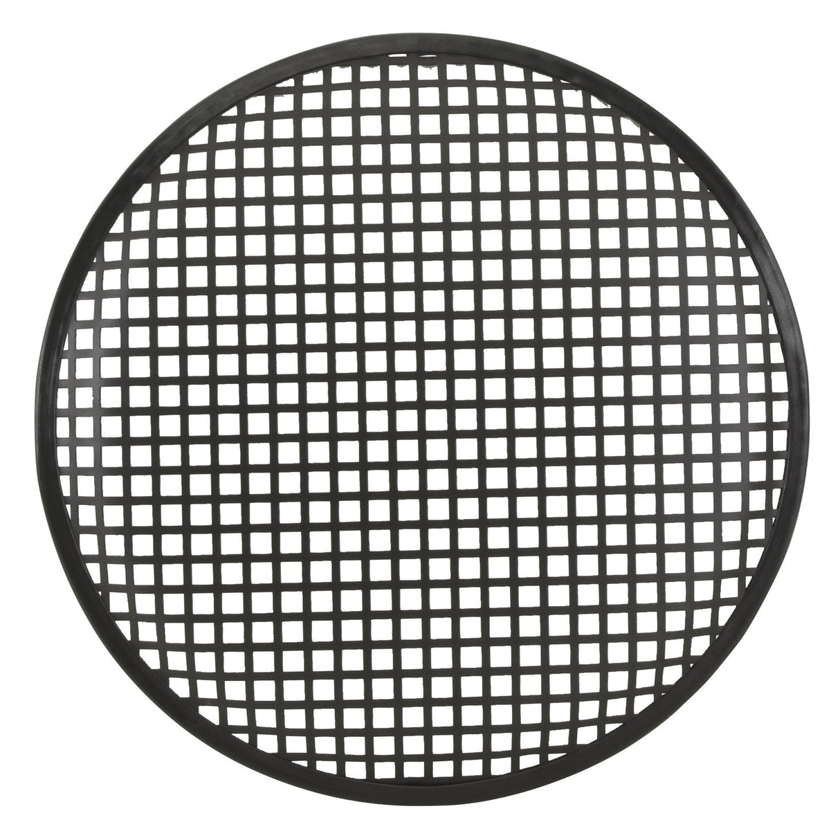 The QTX Metal Speaker Grille, measuring 30 cm (12") in diameter, features a round black metal design with a grid pattern and is powder coated for durability, presented against a white background.