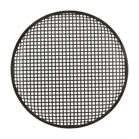 QTX 38 cm metal speaker grille in black powder coated steel with perforated square mesh and rubber surround edging, shown on a plain white background.