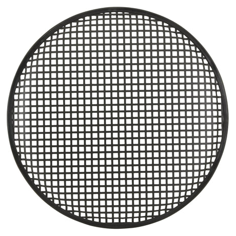 The QTX Metal Speaker Grille, 38 cm (15"), is designed with a round black mesh net featuring evenly spaced square openings and a grid pattern. It boasts a durable black powder-coated finish and offers the option of rubber surround edging for additional protection.