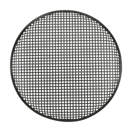 QTX 46 cm 18" round metal speaker grille in matt black powder coated steel with rubber surround edging, shown on a plain white background.