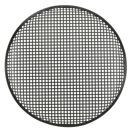 The QTX Metal Speaker Grille, measuring 46 cm (18"), showcases a round metal mesh screen with small square openings in a grid pattern. It features a robust black powder-coated frame, which enhances durability and the overall sleek appearance.