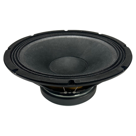 Featuring a black loudspeaker with a cone-shaped diaphragm and wide edge, the Citronic 12" Driver 8 Ohm - 350W rests on a circular base. This main driver, recognized for its high power handling of 350 watts, is oriented upward, highlighting its robust structure against a white background.