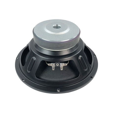 Rear view of the Citronic LFCASA-10 8 Ohm 10" PA woofer by AVSL, showing the silver magnet, steel basket and terminal tabs on a white background.