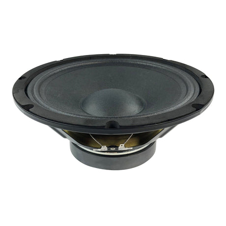 The Citronic 10" Driver 8 Ohm - 250W features a large black speaker cone with a circular, ridged surface and a metallic base, engineered for sound amplification and high power handling. This replacement driver is slightly angled to highlight its depth and structure, making it ideal for full-range PA cabinets.