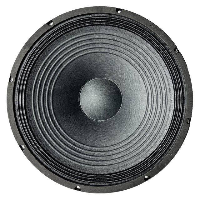 Close-up of the Citronic 15" Driver, featuring a large black speaker cone with a textured surface and circular ridges, designed for high power handling at 8 Ohms - 400W. It is encased in a black frame with visible screw holes around the edges.