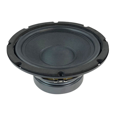 Image of the Citronic 8" Driver with a 4 Ohm impedance and 200W power handling, featuring a black design with a circular cone and flat base for sound amplification. The speaker is seen from an angle, highlighting its detailed structure and components against a plain white background.