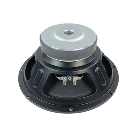 Rear view of the Citronic LFCASA-10A 10" 4 Ohm replacement woofer showing the steel frame basket, magnet assembly and spade terminals on a white background.