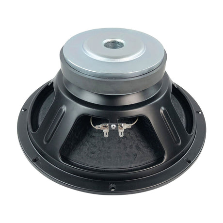 Rear view of the Citronic SUBCASA-10B 10" 8 Ohm sub driver showing the steel magnet cover, black basket and dual terminal connectors on a white background.