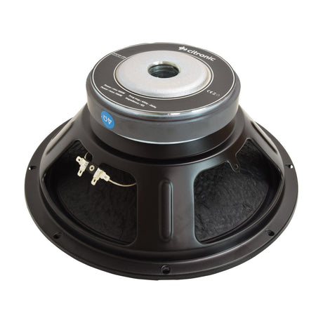 Rear view of the Citronic SUBCASA-12BA 12" sub driver showing the steel frame basket, magnet assembly with spec label, and terminal tabs on a white background.