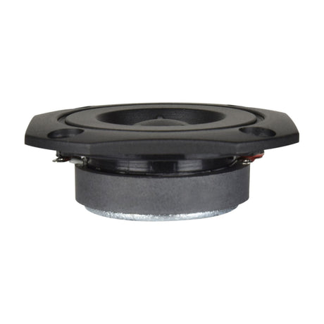 Side view of the QTX 2.25" square dome tweeter by AVSL, showing the black square faceplate, mylar dome, and cylindrical magnet on a white background.