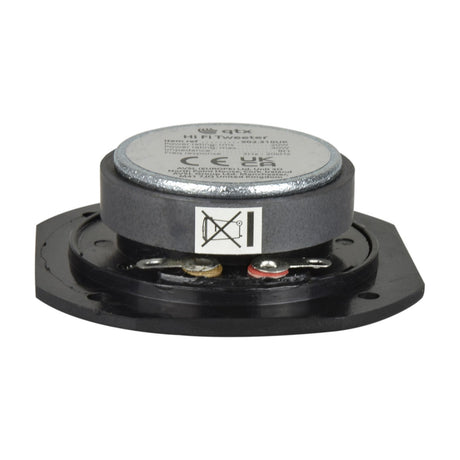 Rear view of the QTX 2.25" square dome tweeter by AVSL, showing the round magnet, specification label, and solder terminals on a plain white background.