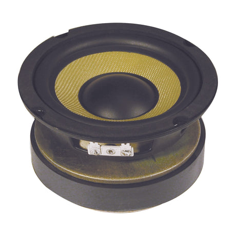 QTX QXW5 5.25" aramid fibre cone woofer from AVSL with yellow woven cone, rubber surround, black metal chassis and spade terminals on a white background.