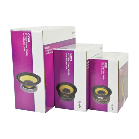 Three QTX QXW5 aramid fibre cone woofer boxes in purple and white packaging, shown in graduated sizes on a plain white background.