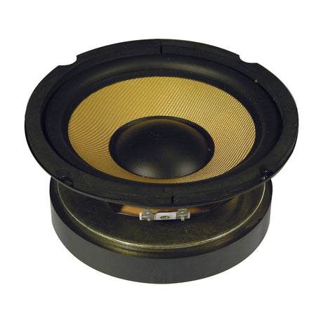 QTX QXW6 6.5" woofer by AVSL with yellow aramid fibre cone, black rubber surround, matt black metal chassis and spade terminals on a white background.