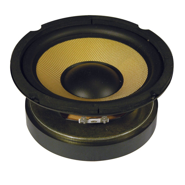 A close-up view of the QTX 6.5" Woofer With Aramid Fibre Cone, perfect for Hi-Fi enthusiasts. It features a round aramid fibre cone with a textured yellow center and a sleek black outer ring, set against a plain white background.