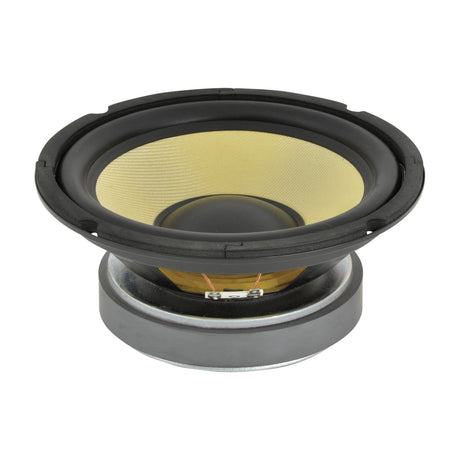 QTX QXW8 8-inch bass woofer by AVSL with aramid fibre cone, rubber surround and black metal chassis with spade terminals, shown on a white background.