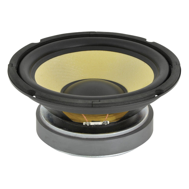 A detailed close-up of the QTX 8" Woofer showcases its yellow aramid fibre diaphragm, featuring a textured surface and bordered by black trim. The speaker boasts a circular design, with its metal base visible beneath the cone.