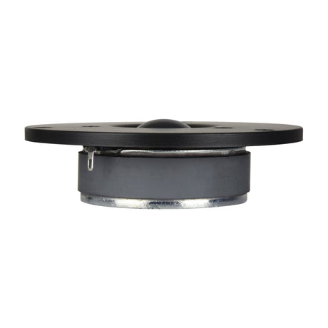 Side view of the QTX silk dome tweeter from AVSL, showing the round black frame, soft dome centre and cylindrical magnet housing on a white background.