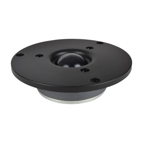 QTX silk dome tweeter by AVSL shown from a side angle, with a black circular mounting plate, soft dome centre and exposed magnet base, on a white background.