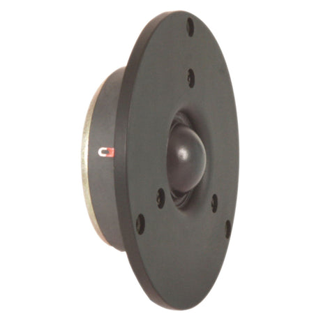 A detailed image of the QTX Silk Dome Tweeter, a black circular speaker component with a silk dome and several screw holes around the edge, specifically designed for reproducing high frequencies in audio equipment.