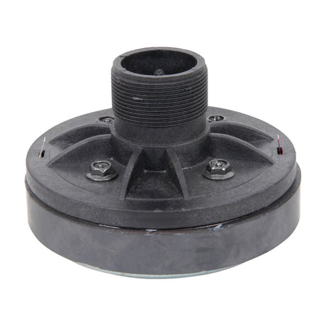 QTX 1" titanium HF compression driver from AVSL with threaded throat, ribbed housing, and two mounting bolts, shown on a plain white background.