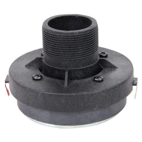 The QTX HF Compression Driver, designed for QR12/QR15/QS12+A/QS15+A systems, is a black mechanical component with a threaded cylindrical top and a round base with screws. Its textured finish suggests durability, akin to that found in titanium diaphragm compression drivers.