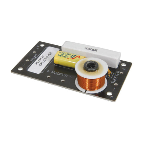 QTX PSX1528 replacement crossover network board for QR15 cabinets, featuring a yellow capacitor, copper coil inductor and white ceramic resistor.