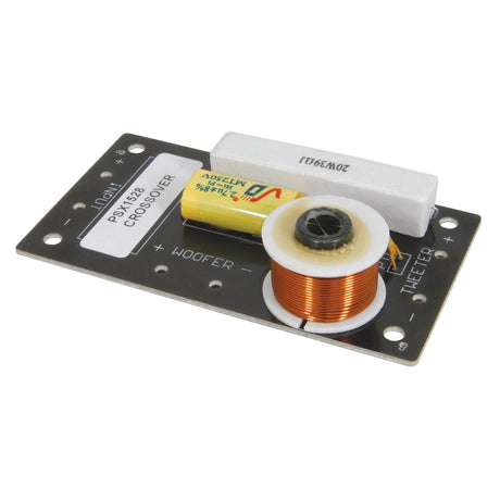 Explore the QTX Replacement Crossover For QR15, which offers a comprehensive view of its winding coil, capacitor, and various electronic components on a rectangular circuit board. This precisely labeled component for woofer and tweeter outputs is perfect for models like the QR15 with a power capacity of up to 300W.