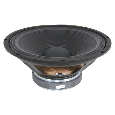 The QTX 12" Driver for QS12 (178.562UK) and QS12A (178.565UK) is depicted from an angle, highlighting its black audio speaker with a cone-shaped design and metal frame. Its visible diaphragm and coil structure ensure excellent frequency response, all elegantly mounted on a sleek silver base.