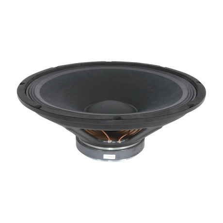 QTX QS Series 15" replacement driver speaker by AVSL, side view showing black cone, metal magnet housing and voice coil wiring on a white background.
