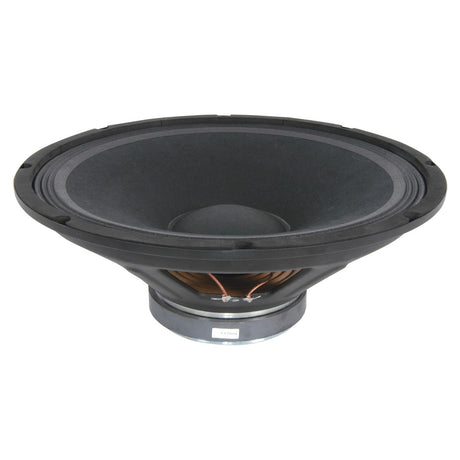 A large black 15" QTX Speaker Driver, compatible with QS15 (178.568UK) and QS15A (178.569UK), featuring a metal frame and visible wiring, is shown against a white background. The 8 Ohm chassis speaker is angled slightly to display its depth and the central dome.