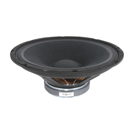 QTX QR15 15" replacement chassis speaker by AVSL, side view showing black cone, vented magnet assembly and spade terminals on a white background.