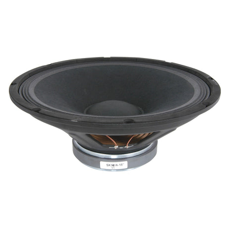 A black audio speaker featuring a large cone and metallic base is showcased against a white background. The label on the base reads SK 18/A-15, indicating it is part of the QTX QR series. This QTX 15" Driver For QR15 (178.213UK) is perfect for passive cabinets and serves as an ideal robust chassis speaker.