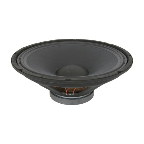QTX QR 15" 4 ohm replacement driver from AVSL, angled view of the black cone chassis speaker with vented magnet and spade terminals on a white background.