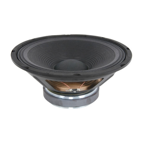 QTX QR12 12" vented chassis speaker driver by AVSL with black cone, spade terminals and metal magnet housing, shown on a plain white background.