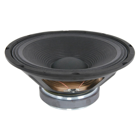 A close-up image of a black speaker cone from the QTX 12" Driver For QR12 (178.212UK) with a metallic base and exposed wires. The cone is angled slightly to the side, highlighting its ribbed edges and central dome. This chassis speaker's reflective, cylindrical base enhances its sleek design.