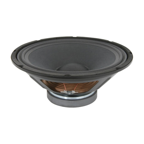 QTX QR Active Series 12" replacement driver by AVSL, a 4 ohm bare chassis speaker with black cone, vented magnet and spade terminals, on white background.