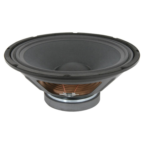 The QTX 4 Ohm 12" Driver for QR12A (178.204UK) is a large, black audio subwoofer that showcases a visible copper coil and cone structure against a white background. Its circular design includes a sturdy surround and metal base, emphasizing its functionality for sound systems and compatibility with active cabinets.